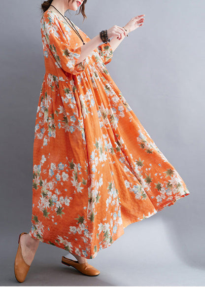 Modern Orange O-Neck Patchwork Wrinkled Cotton Maxi Dress Half Sleeve LY6103 - fabuloryshop