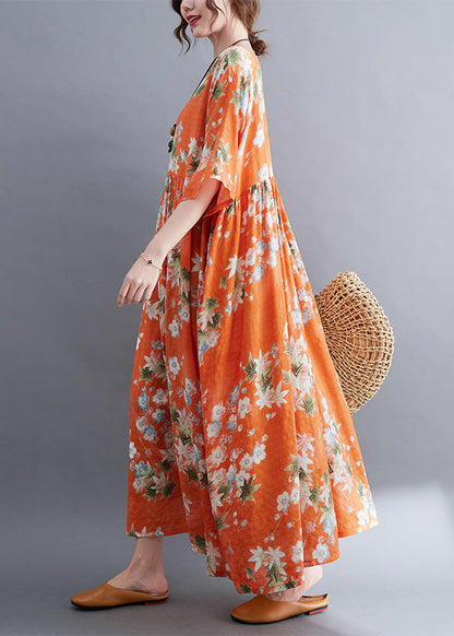 Modern Orange O-Neck Patchwork Wrinkled Cotton Maxi Dress Half Sleeve LY6103 - fabuloryshop