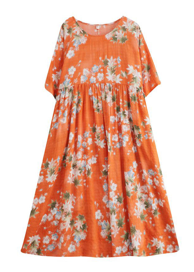 Modern Orange O-Neck Patchwork Wrinkled Cotton Maxi Dress Half Sleeve LY6103 - fabuloryshop