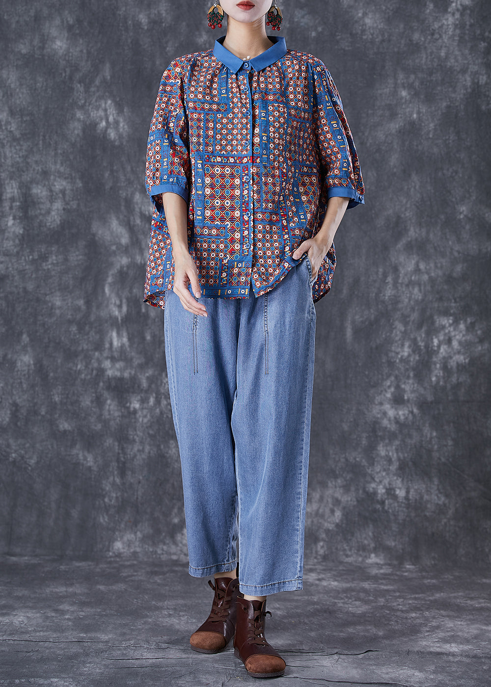 Modern Oversized Print Cotton Shirts And Denim Pants Two Pieces Set Summer TD1014 - fabuloryshop