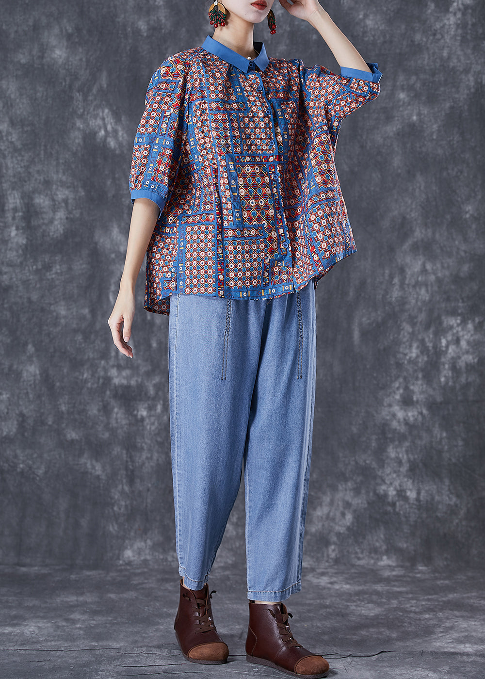 Modern Oversized Print Cotton Shirts And Denim Pants Two Pieces Set Summer TD1014 - fabuloryshop