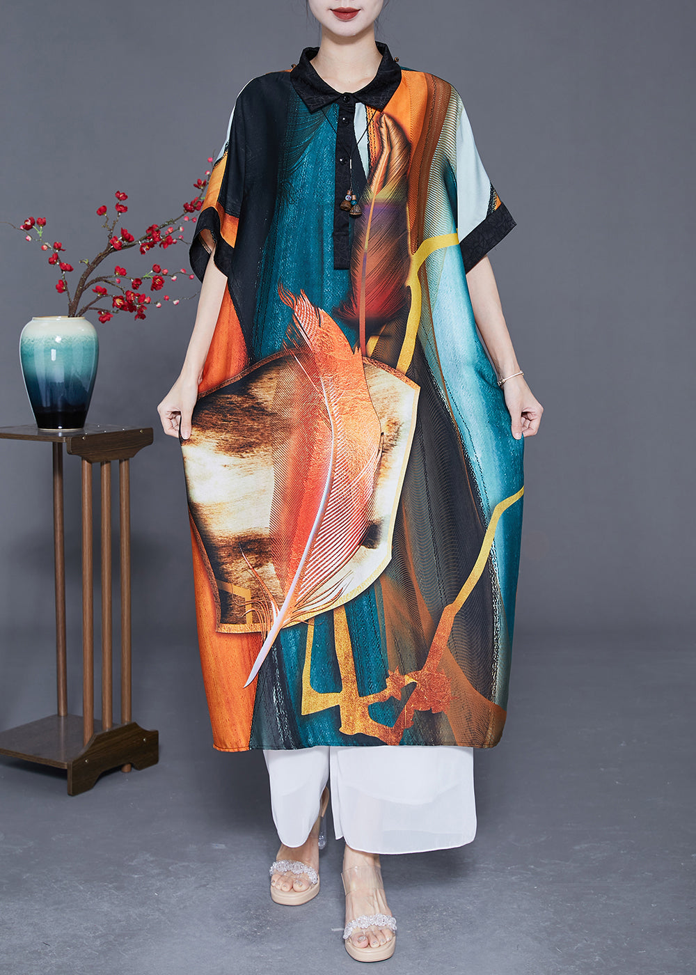 Modern Oversized Print Pockets Silk Holiday Dress Summer LY3632 - fabuloryshop