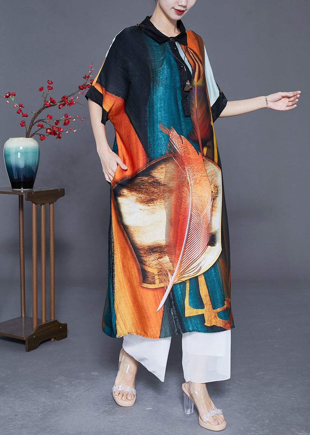 Modern Oversized Print Pockets Silk Holiday Dress Summer LY3632 - fabuloryshop