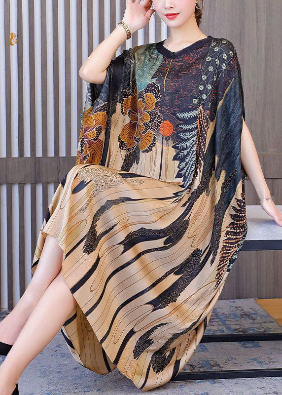 Modern Oversized Print Silk Holiday Dress Batwing Sleeve LC0205 - fabuloryshop