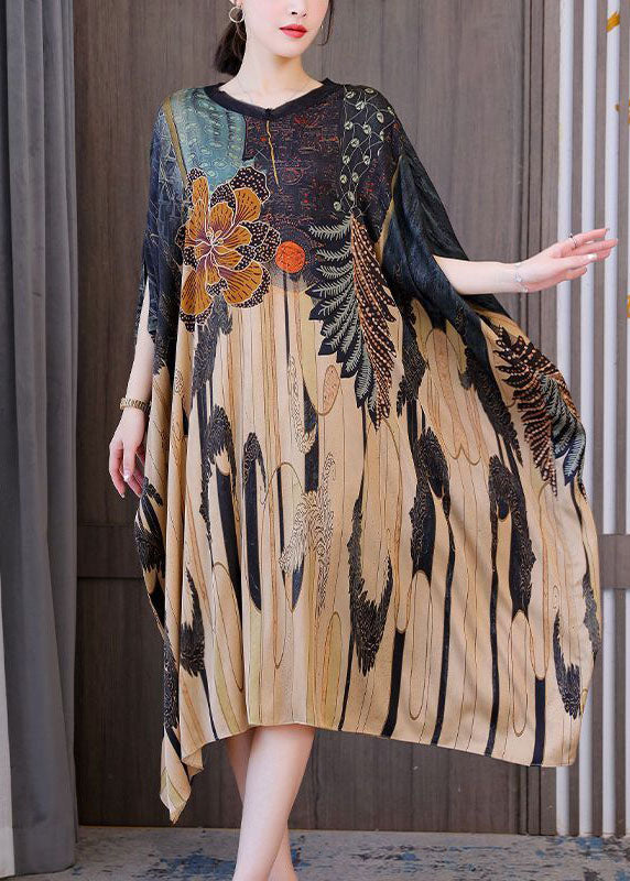 Modern Oversized Print Silk Holiday Dress Batwing Sleeve LC0205 - fabuloryshop