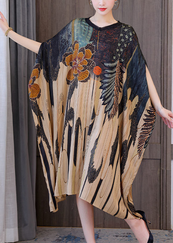 Modern Oversized Print Silk Holiday Dress Batwing Sleeve LC0205 - fabuloryshop