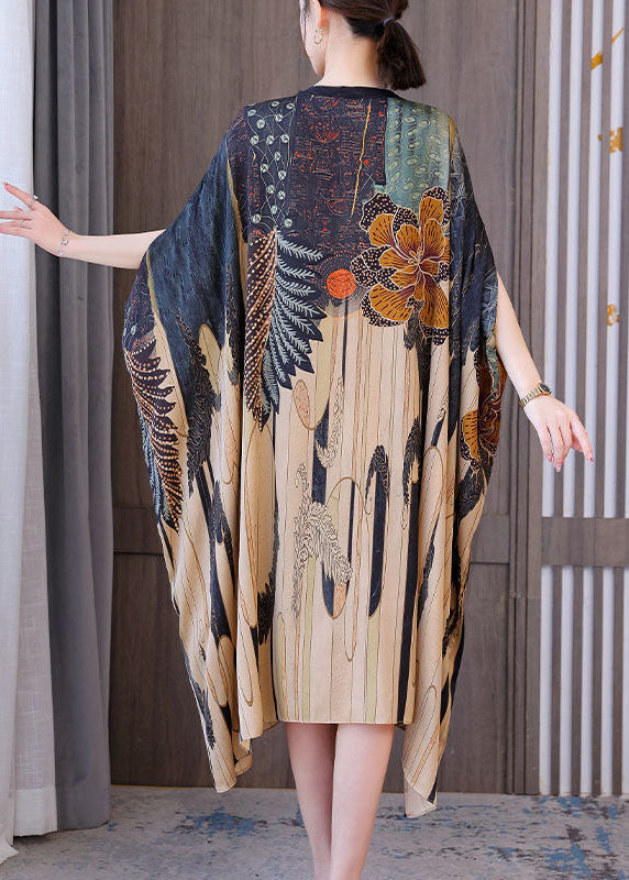 Modern Oversized Print Silk Holiday Dress Batwing Sleeve LC0205 - fabuloryshop