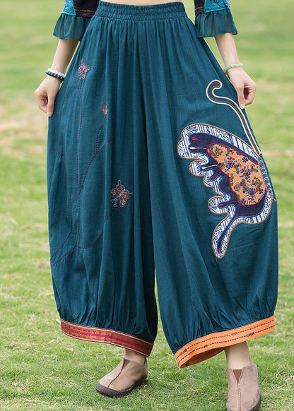 Modern Peacock Blue Patchwork Linen Wide Leg Pants TQ1036 - fabuloryshop