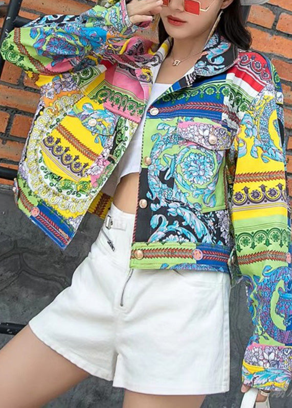 Modern Peter Pan Collar Print Patchwork Denim Coat Long Sleeve LY6034 - fabuloryshop