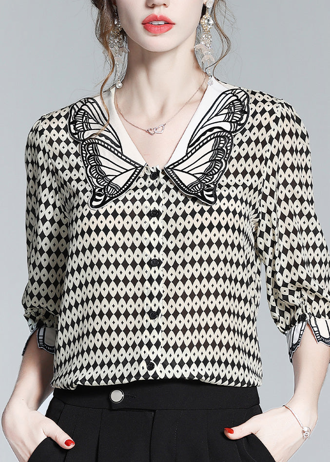 Modern Peter Pan Collar Print Silk Shirt Half Sleeve LY0130 - fabuloryshop