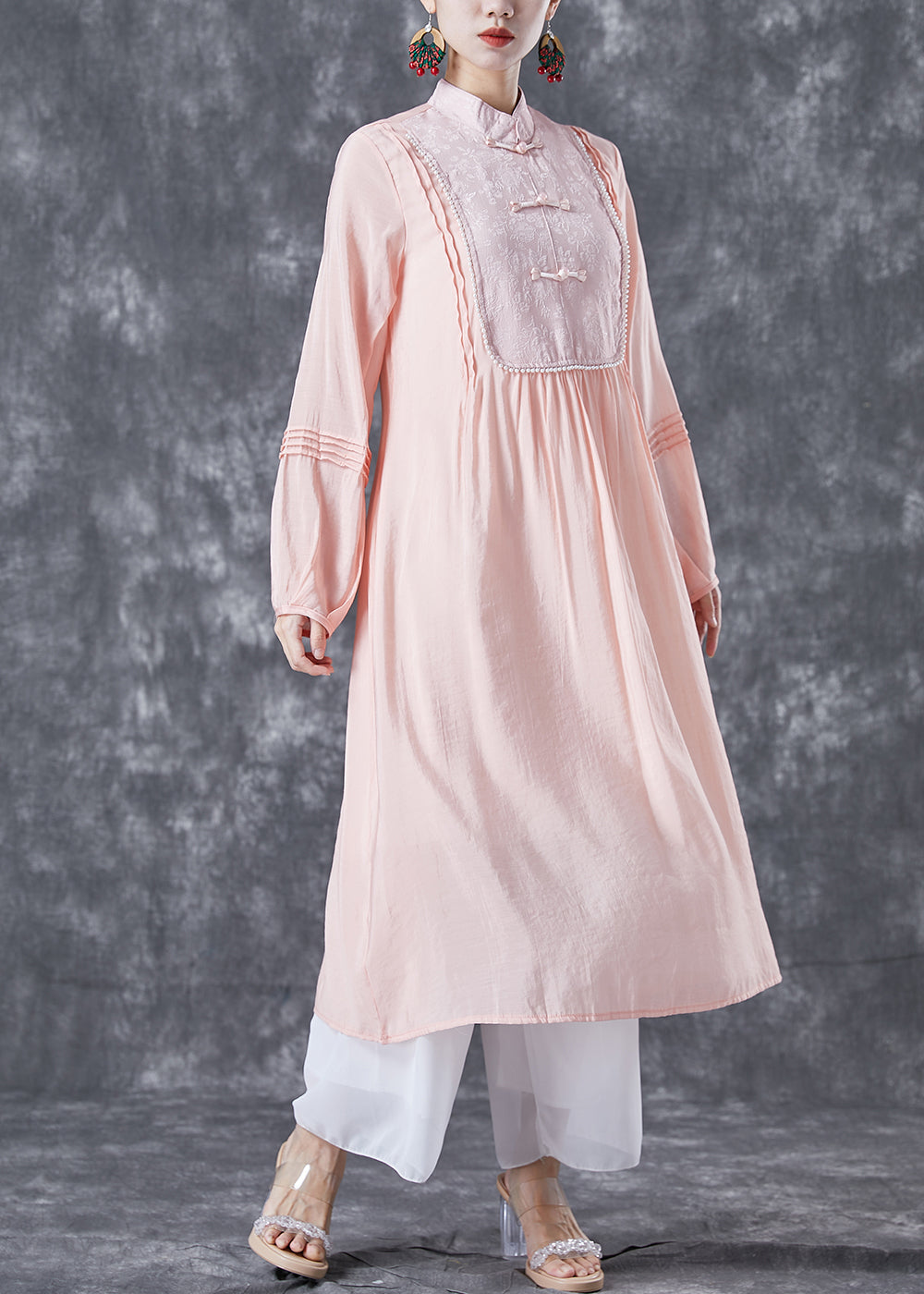 Modern Pink Chinese Button Patchwork Wrinkled Cotton Dress Summer LY5039 - fabuloryshop