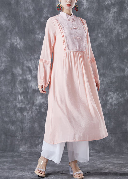 Modern Pink Chinese Button Patchwork Wrinkled Cotton Dress Summer LY5039 - fabuloryshop