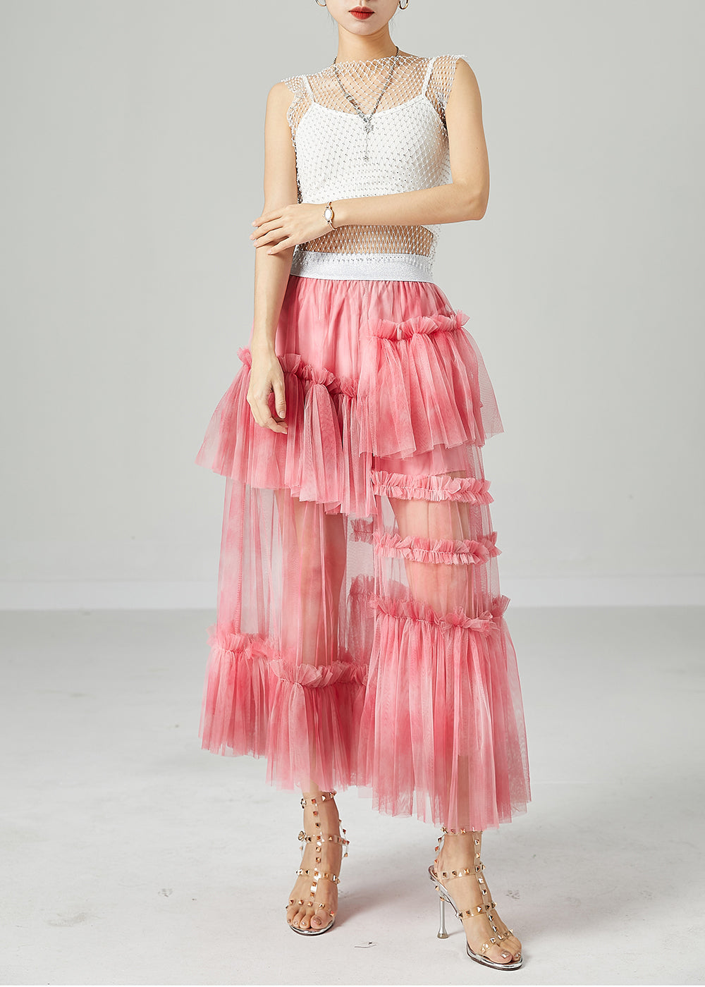 Modern Pink Elastic Waist Patchwork Hollow Out Tulle Skirt Summer LY2423 - fabuloryshop