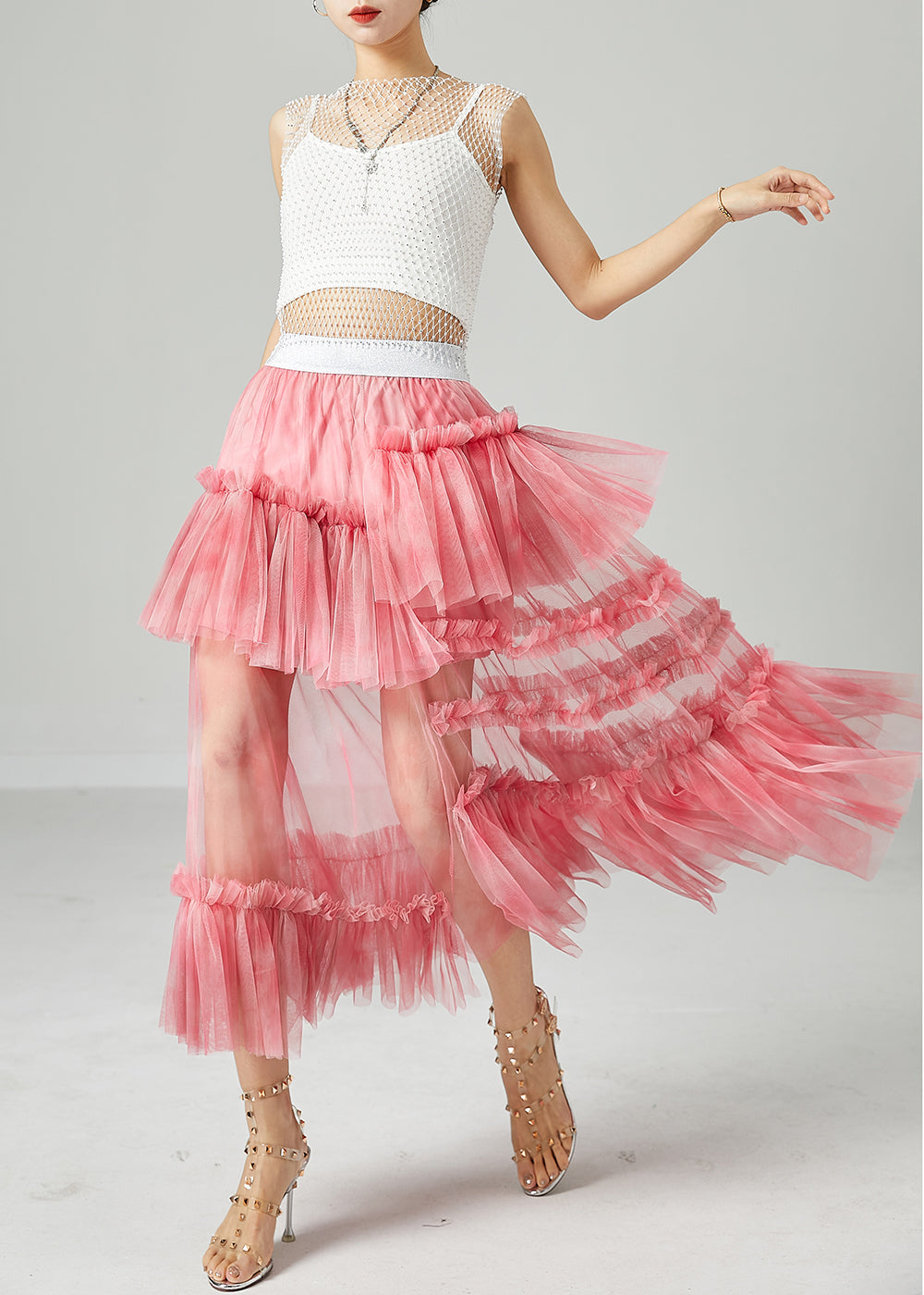 Modern Pink Elastic Waist Patchwork Hollow Out Tulle Skirt Summer LY2423