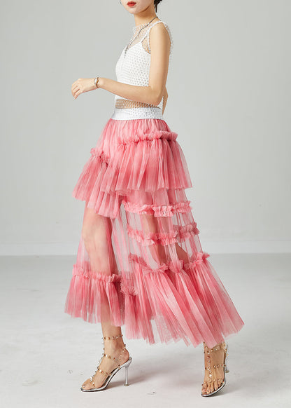 Modern Pink Elastic Waist Patchwork Hollow Out Tulle Skirt Summer LY2423 - fabuloryshop