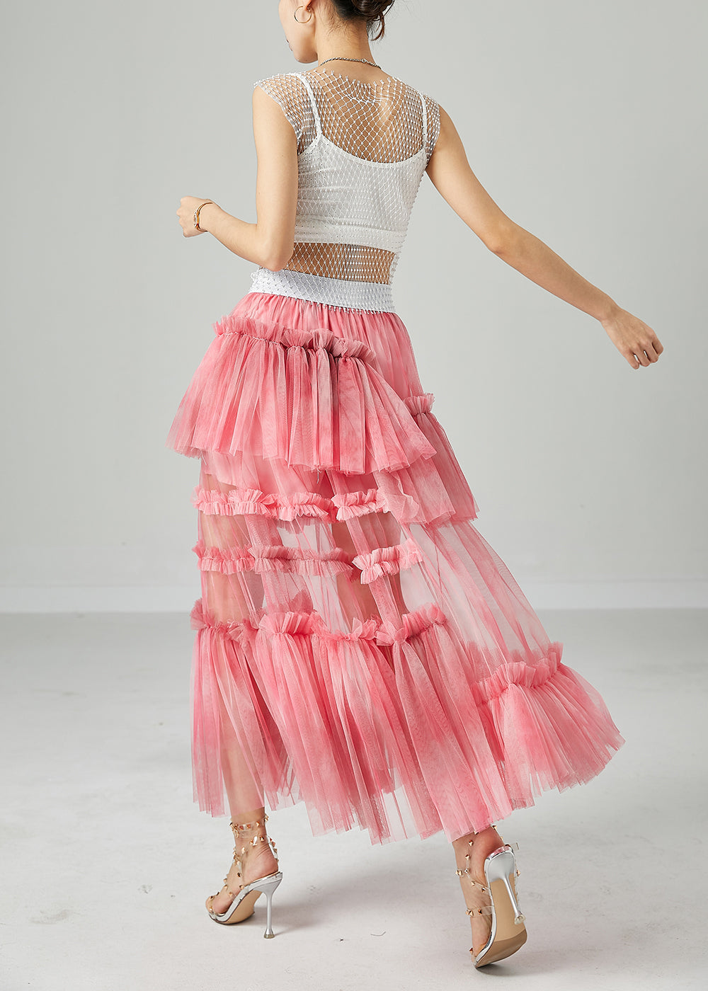 Modern Pink Elastic Waist Patchwork Hollow Out Tulle Skirt Summer LY2423 - fabuloryshop