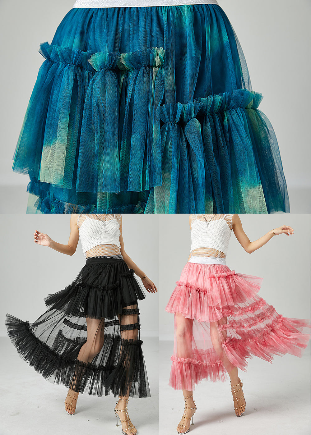 Modern Pink Elastic Waist Patchwork Hollow Out Tulle Skirt Summer LY2423 - fabuloryshop