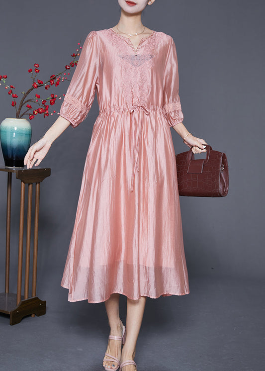 Modern Pink Embroideried Cinched Silk Holiday Dress Summer Ada Fashion