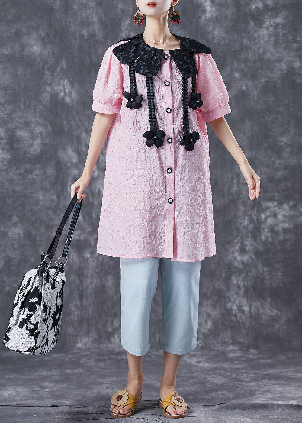 Modern Pink Jacquard Floral Cotton Shirt Dress Summer LY6743 - fabuloryshop