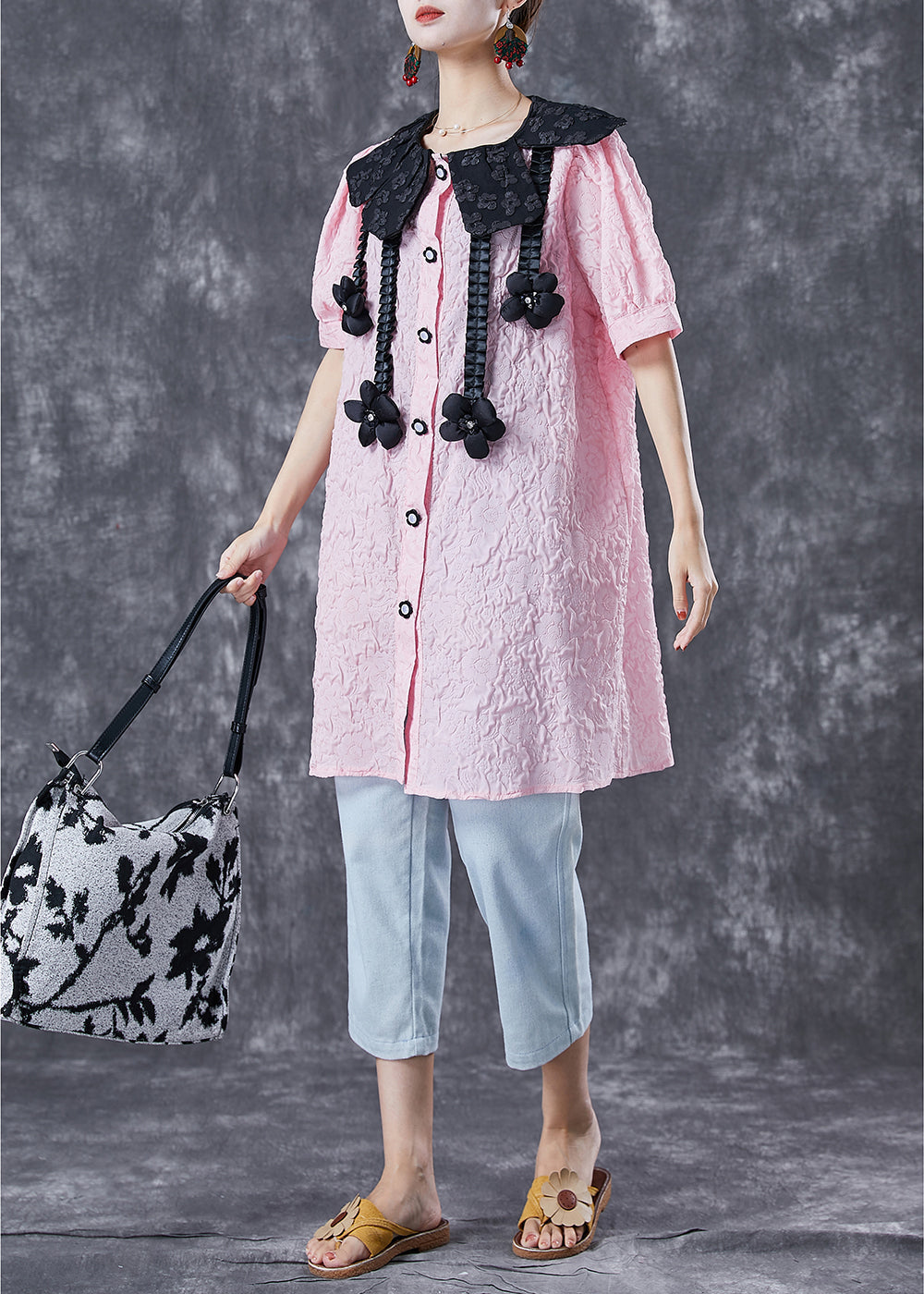 Modern Pink Jacquard Floral Cotton Shirt Dress Summer LY6743 - fabuloryshop