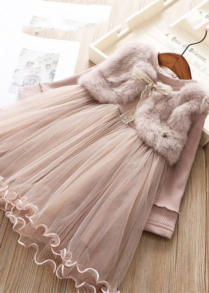 Modern Pink Mink Velvet False Two Pieces Warm Fleece Baby Girls Dress Winter Ada Fashion