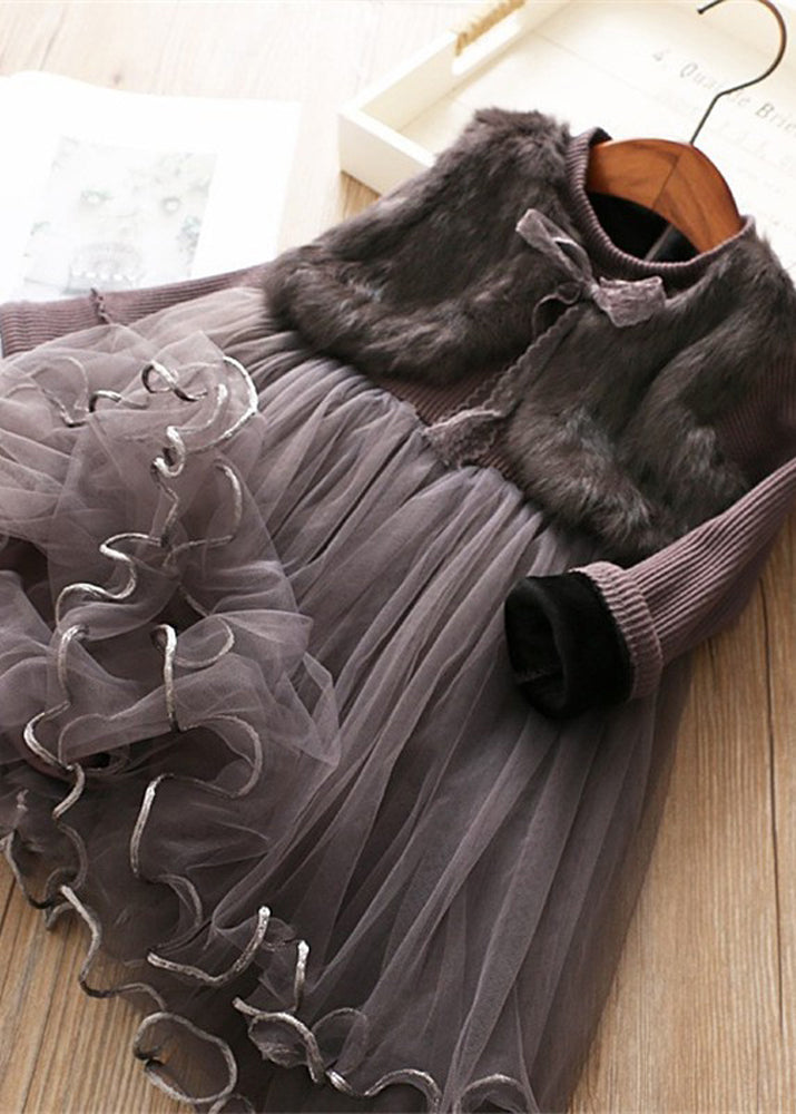 Modern Pink Mink Velvet False Two Pieces Warm Fleece Baby Girls Dress Winter Ada Fashion