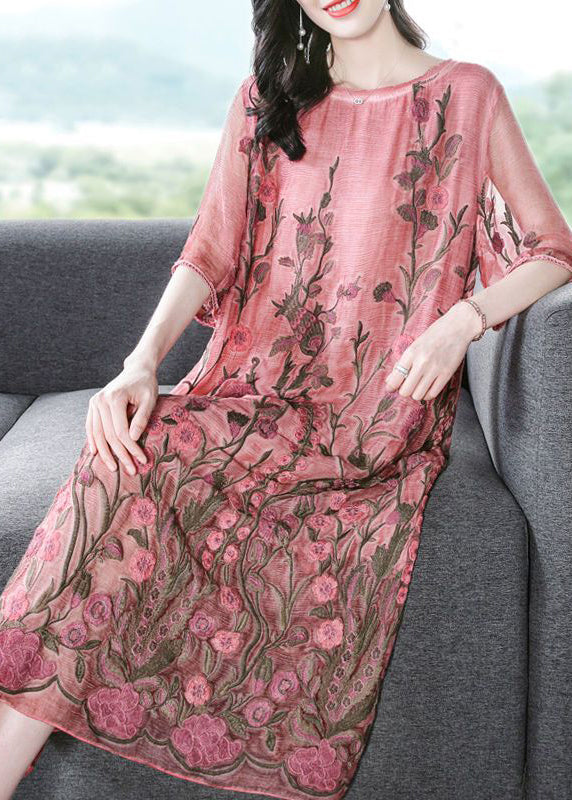 Modern Pink O-Neck Embroideried Silk A Line Dress Half Sleeve AC3050 - fabuloryshop