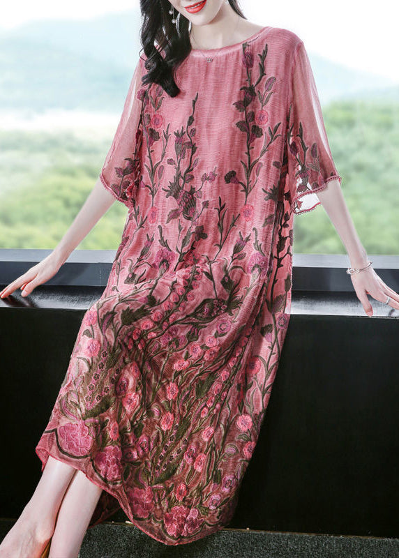 Modern Pink O-Neck Embroideried Silk A Line Dress Half Sleeve AC3050 - fabuloryshop