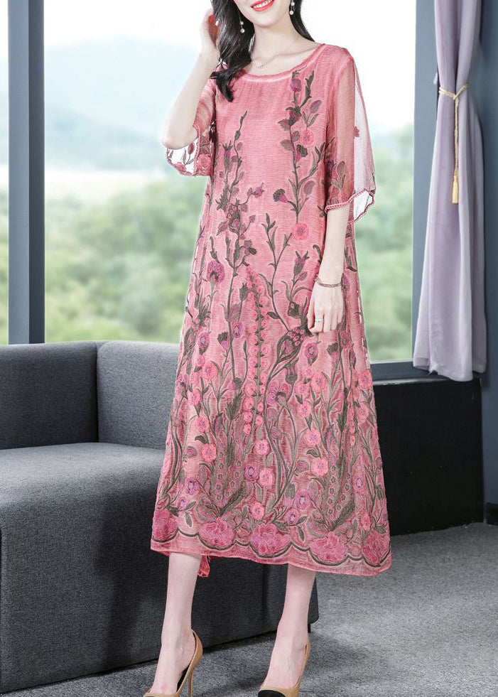 Modern Pink O-Neck Embroideried Silk A Line Dress Half Sleeve AC3050