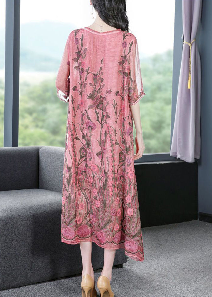 Modern Pink O-Neck Embroideried Silk A Line Dress Half Sleeve LY0677