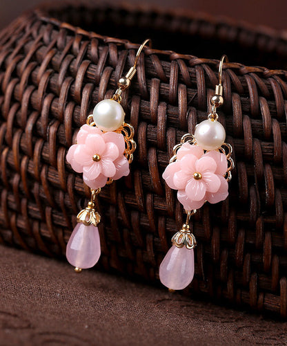 Modern Pink Overgild Jade Pearl Synthetic Flower Drop Earrings LY2292 - fabuloryshop