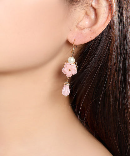 Modern Pink Overgild Jade Pearl Synthetic Flower Drop Earrings LY2292 - fabuloryshop