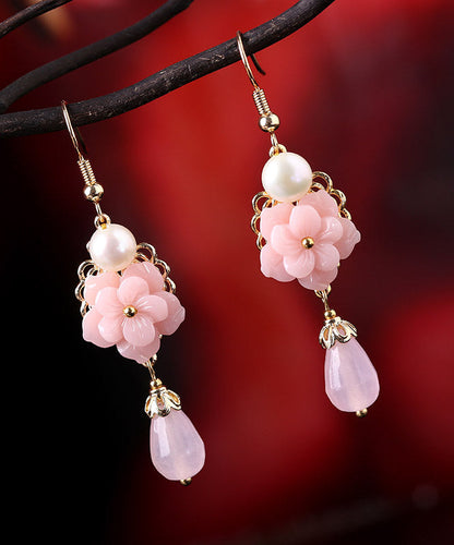 Modern Pink Overgild Jade Pearl Synthetic Flower Drop Earrings LY2292 - fabuloryshop