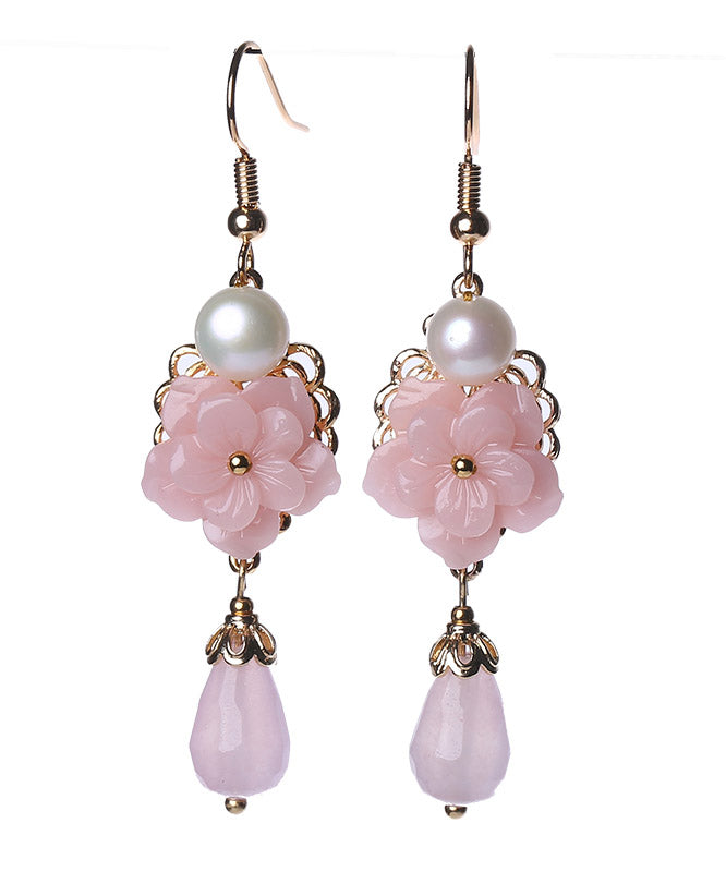 Modern Pink Overgild Jade Pearl Synthetic Flower Drop Earrings LY2292