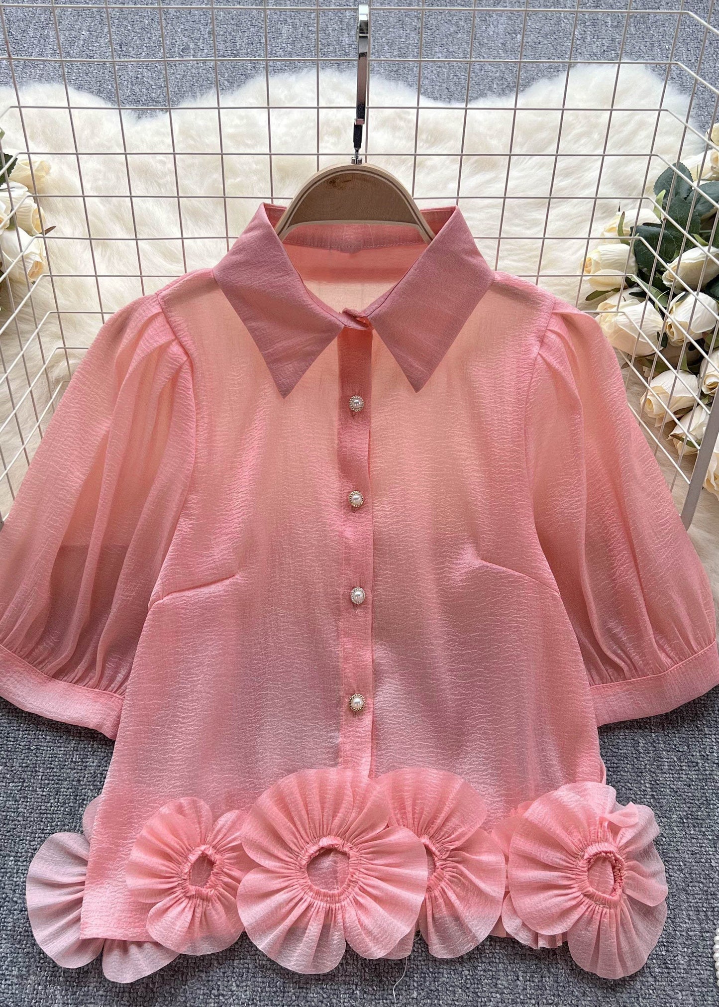 Modern Pink Peter Pan Collar Floral Patchwork Chiffon Shirts Top Summer Ada Fashion