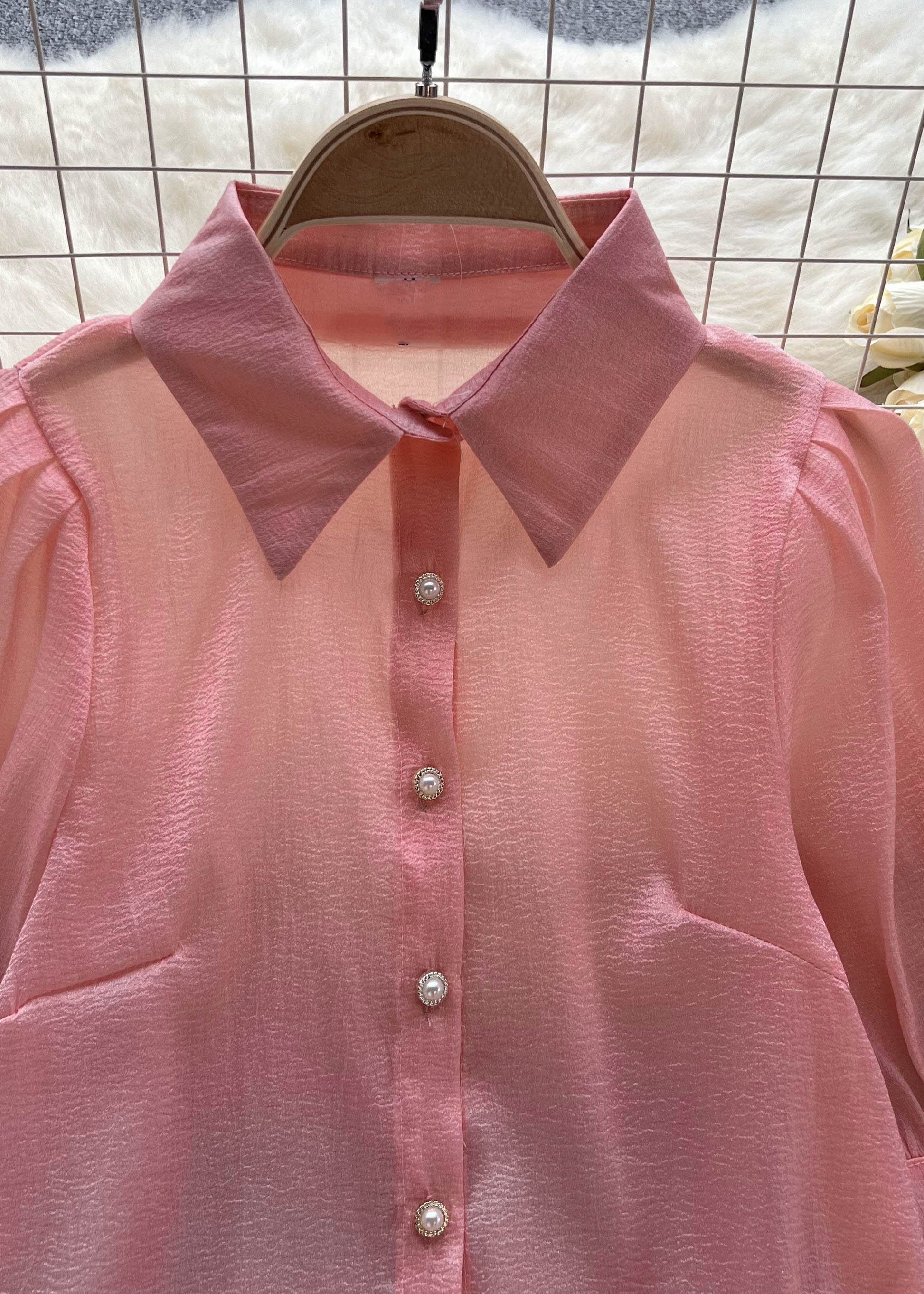 Modern Pink Peter Pan Collar Floral Patchwork Chiffon Shirts Top Summer Ada Fashion