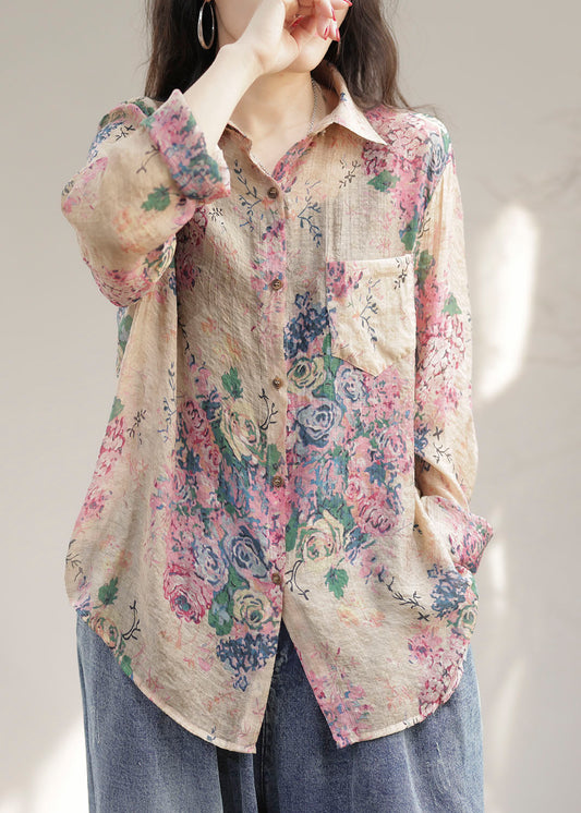 Modern Pink Peter Pan Collar Print Patchwork Linen Shirts Long Sleeve LY4079 - fabuloryshop