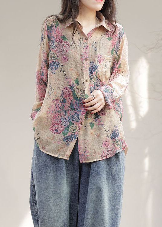 Modern Pink Peter Pan Collar Print Patchwork Linen Shirts Long Sleeve LY4079 - fabuloryshop