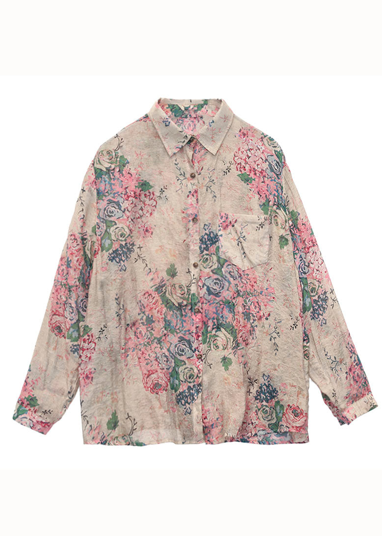 Modern Pink Peter Pan Collar Print Patchwork Linen Shirts Long Sleeve LY4079 - fabuloryshop