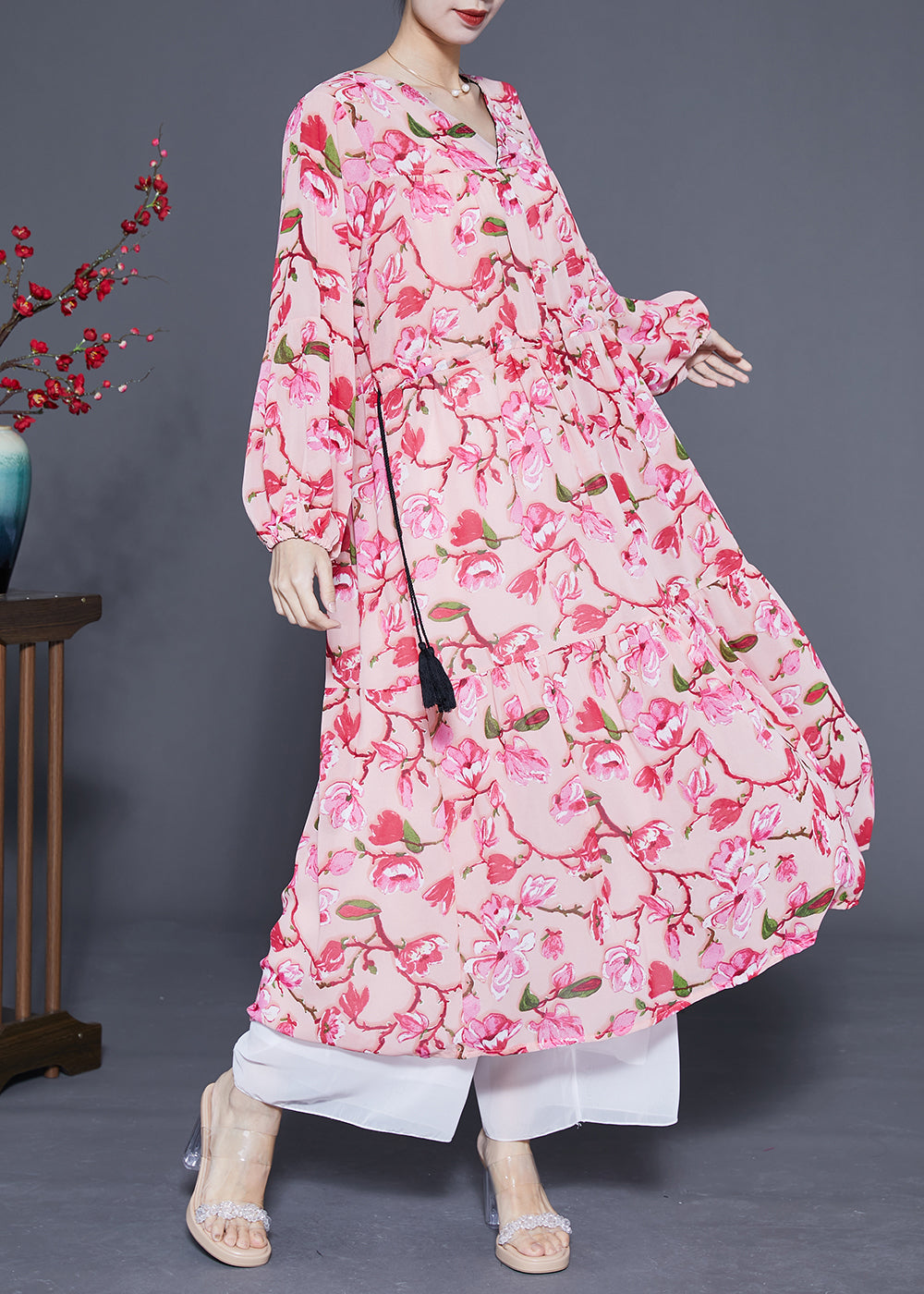 Modern Pink Print Drawstring Exra Large Hem Chiffon Long Dress Spring LY1082 - fabuloryshop