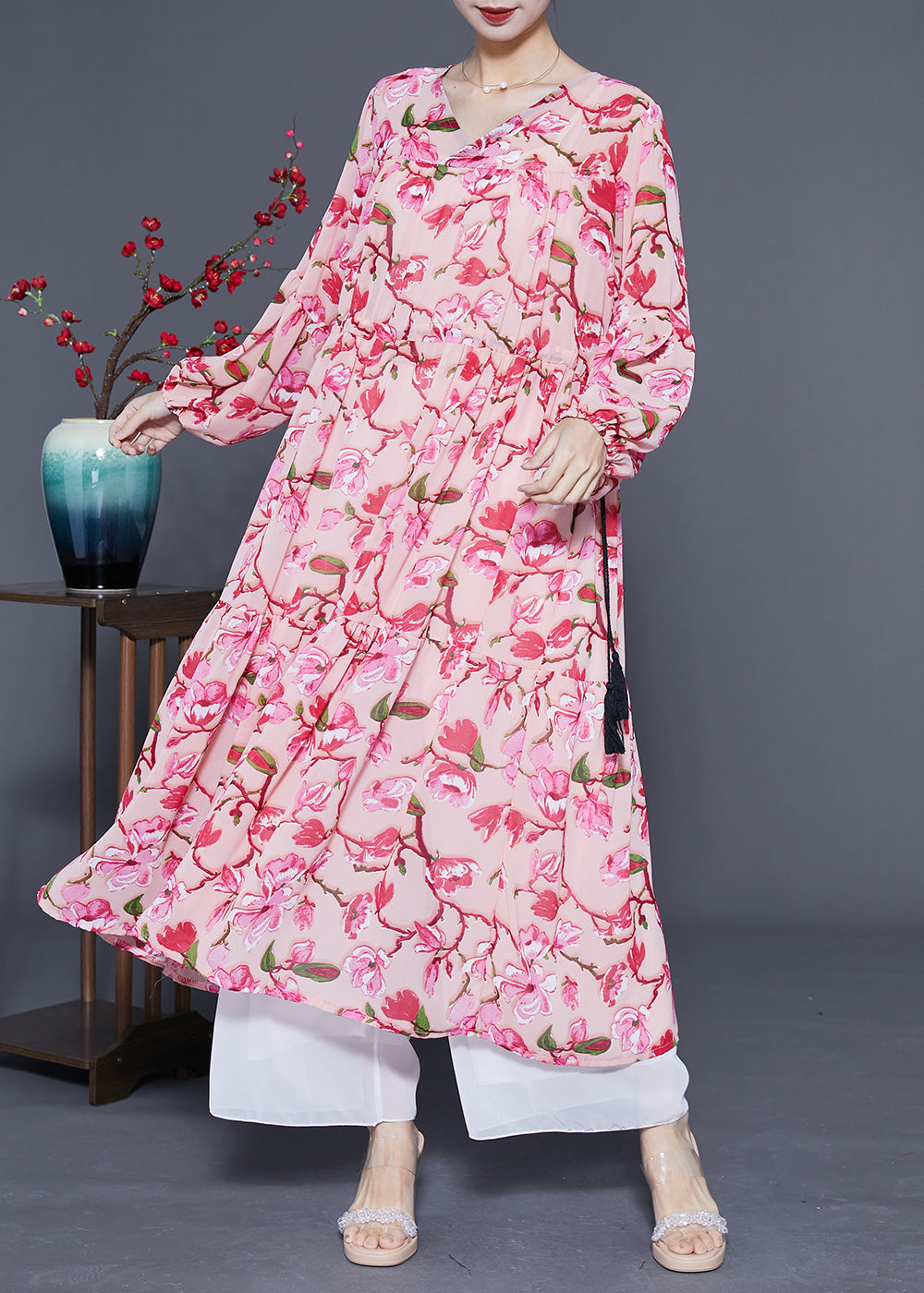 Modern Pink Print Drawstring Exra Large Hem Chiffon Long Dress Spring LC0426 - fabuloryshop