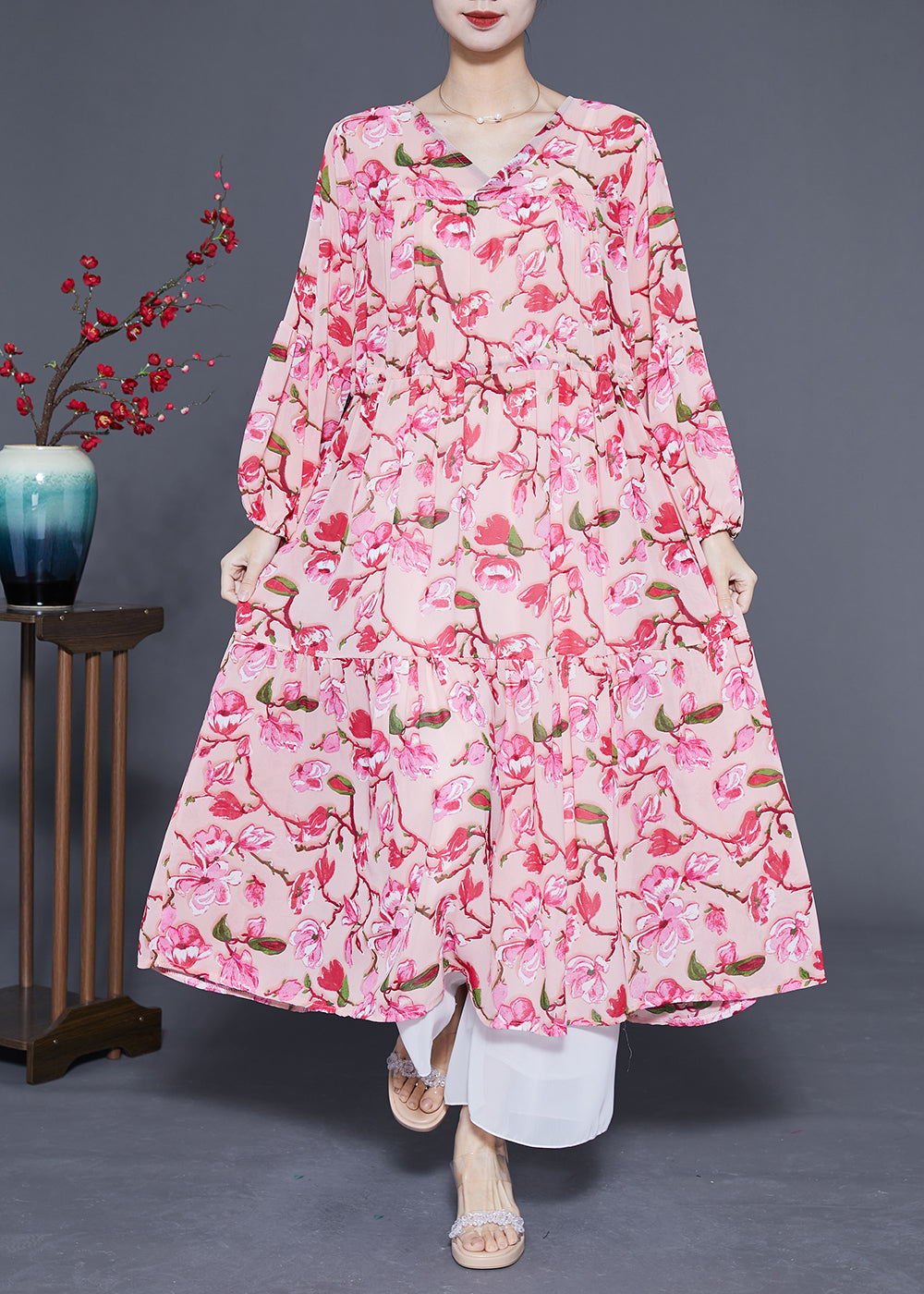 Modern Pink Print Drawstring Exra Large Hem Chiffon Long Dress Spring LY1082 - fabuloryshop