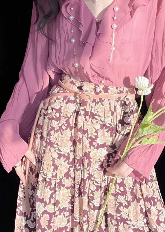 Modern Pink Ruffled Patchwork Chiffon Two Piece Set Spring LY1433 - fabuloryshop