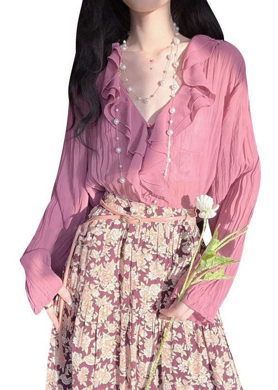 Modern Pink Ruffled Patchwork Chiffon Two Piece Set Spring LY1433 - fabuloryshop