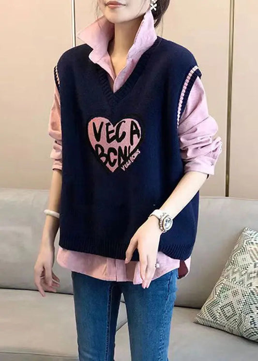 Modern Pink Shirts And Navy Vest Knit Two Pieces Set Fall Ada Fashion