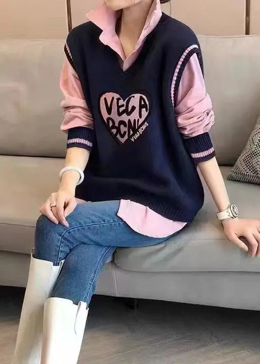 Modern Pink Shirts And Navy Vest Knit Two Pieces Set Fall Ada Fashion