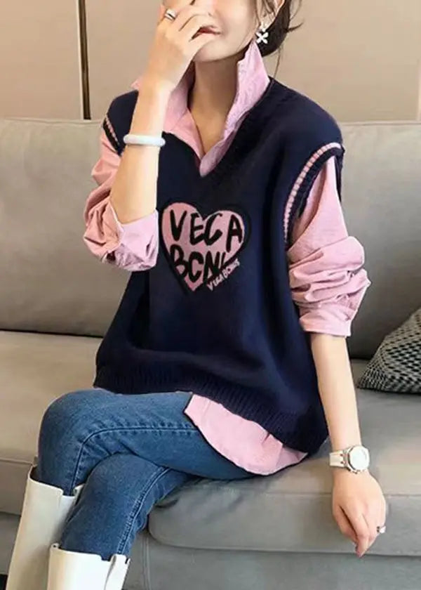 Modern Pink Shirts And Navy Vest Knit Two Pieces Set Fall Ada Fashion