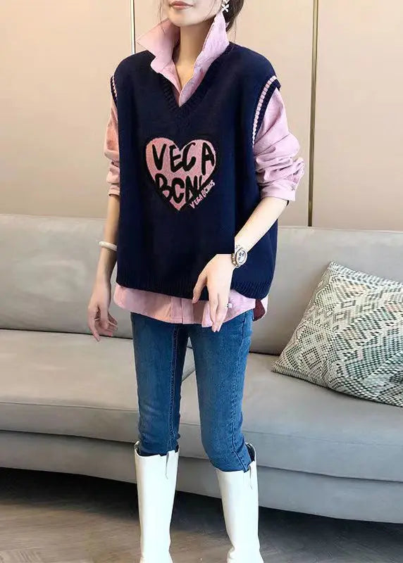 Modern Pink Shirts And Navy Vest Knit Two Pieces Set Fall Ada Fashion