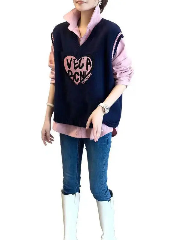 Modern Pink Shirts And Navy Vest Knit Two Pieces Set Fall Ada Fashion