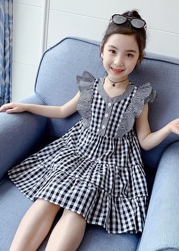 Modern Plaid V Neck Patchwork Button Cotton Kids Mid Dress Summer LY6447 - fabuloryshop